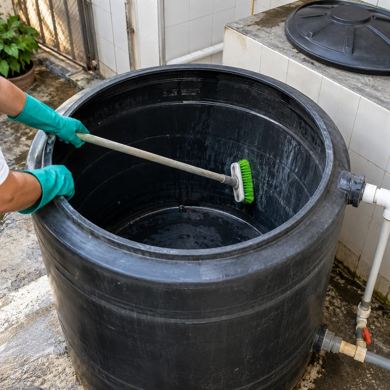 Limpieza del tanque de almacenamiento de agua.