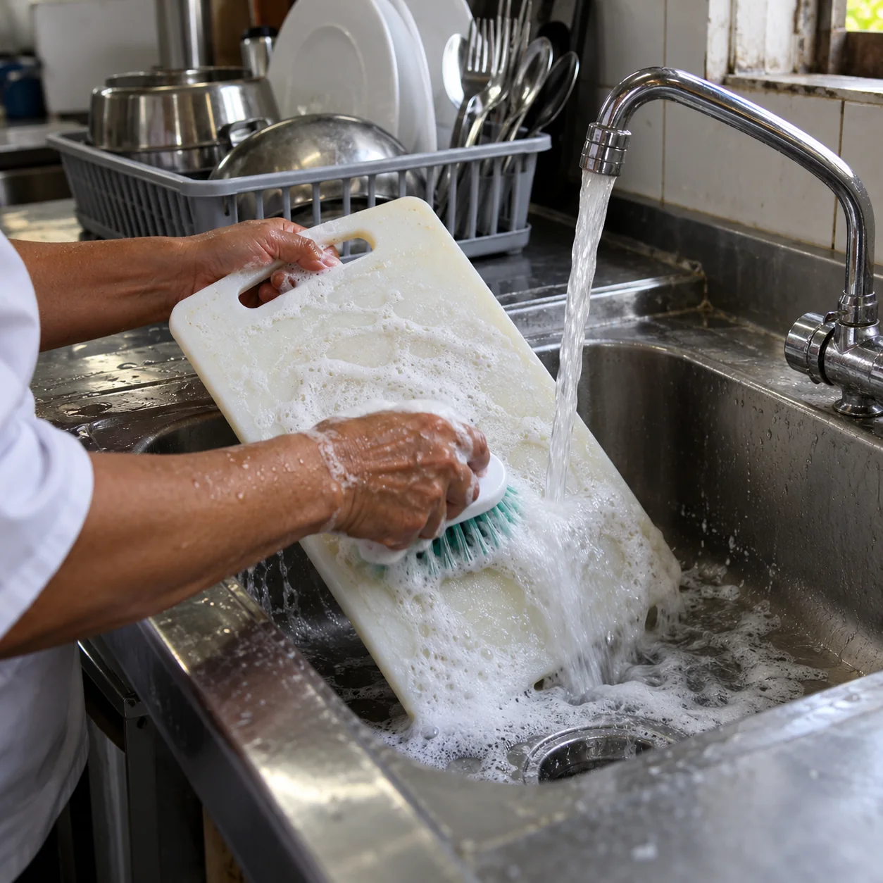 Lavado de utensilios con agua corriente, detergente y cepillo.