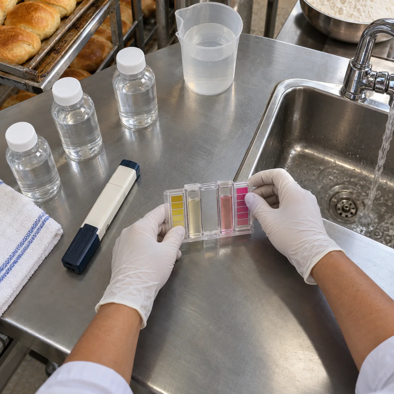 Instrumentos y muestras para verificar parámetros del agua.