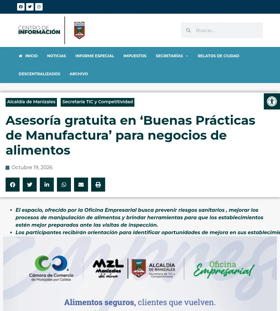 Captura de la página oficial de Alcaldía de Manizales sobre este tema