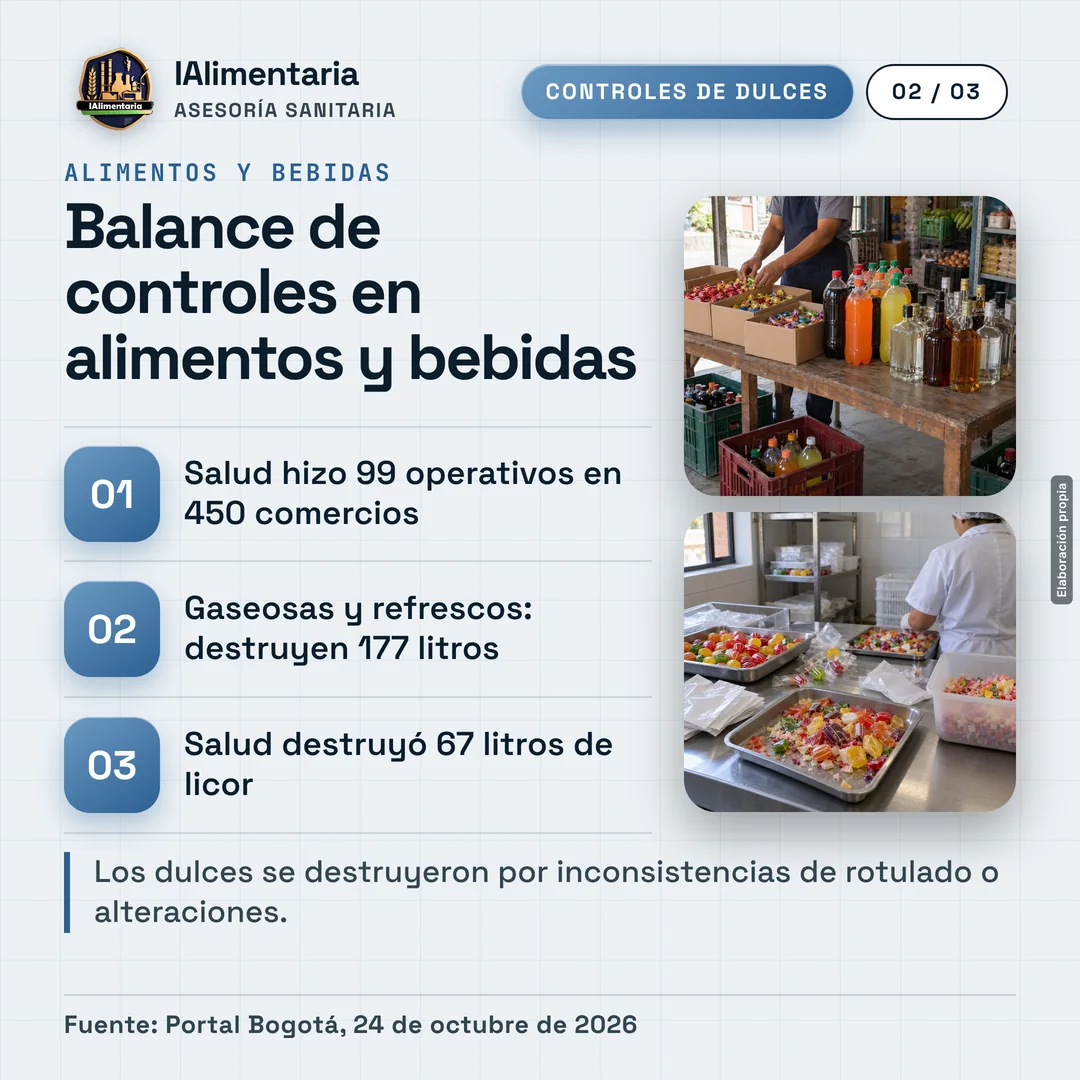 Balance de controles en alimentos y bebidas. Los dulces se destruyeron por inconsistencias de rotulado o alteraciones.