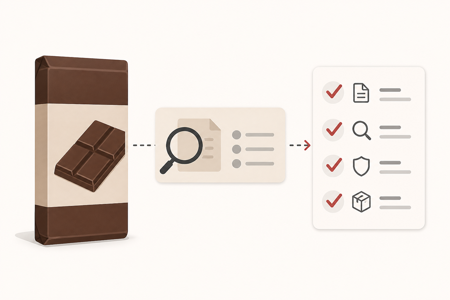 Ilustración editorial de un empaque genérico de chocolate junto a una consulta abstracta de registro sanitario y una lista de verificación.