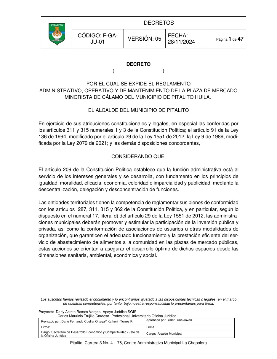 Página 1 del documento oficial publicado por Alcaldía de Pitalito