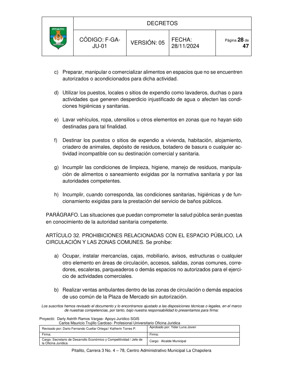 Página 28 del documento oficial publicado por Alcaldía de Pitalito