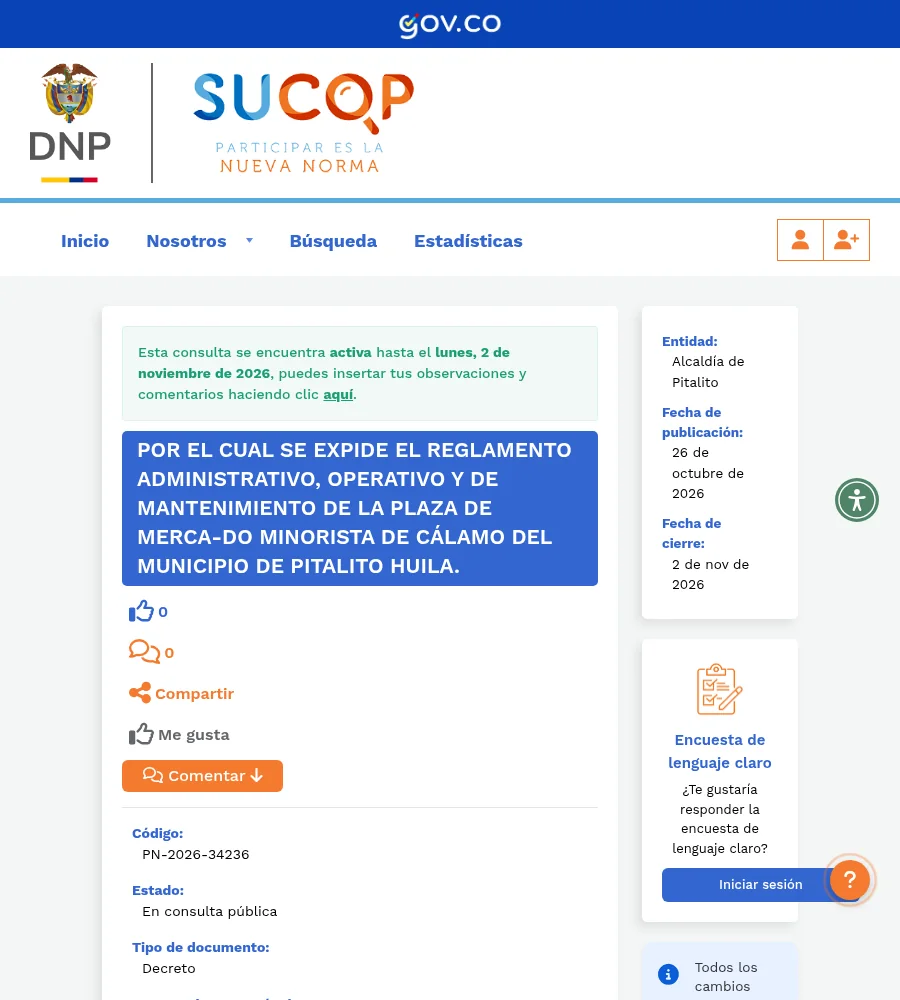 Captura de la página oficial de Alcaldía de Pitalito sobre este tema