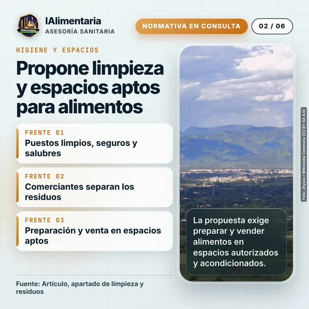 Propone limpieza y espacios aptos para alimentos. La propuesta exige preparar y vender alimentos en espacios autorizados y acondicionados.