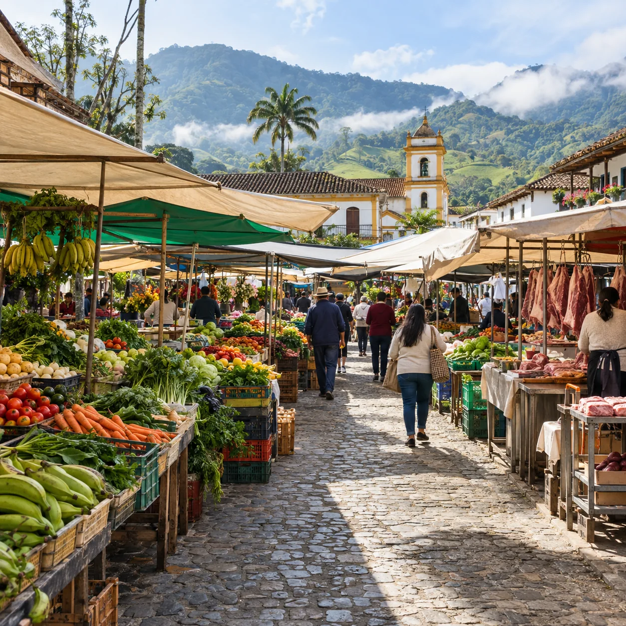 Ilustración de un mercado municipal, donde la vigilancia sanitaria llega a distintos pueblos.