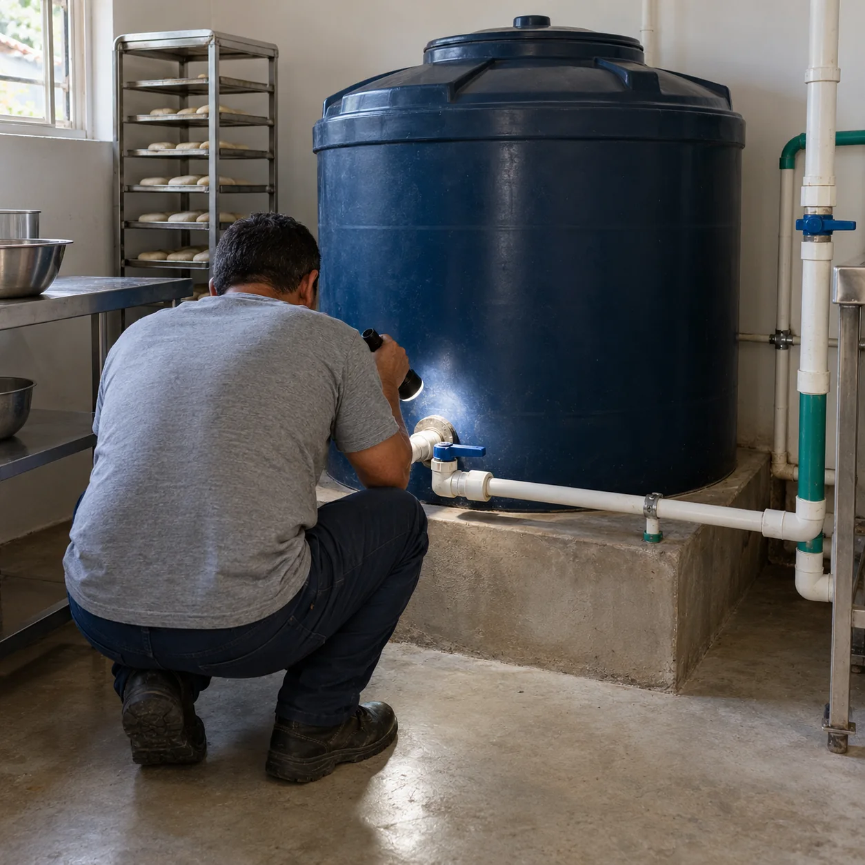 Inspección del tanque y las conexiones del abastecimiento de agua.
