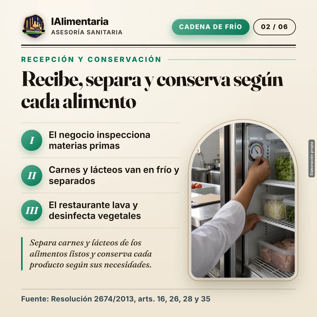 Recibe, separa y conserva según cada alimento. Separa carnes y lácteos de los alimentos listos y conserva cada producto según sus necesidades.