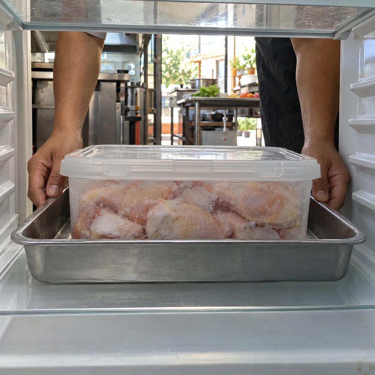 Descongelación bajo refrigeración y con contención de posibles goteos.