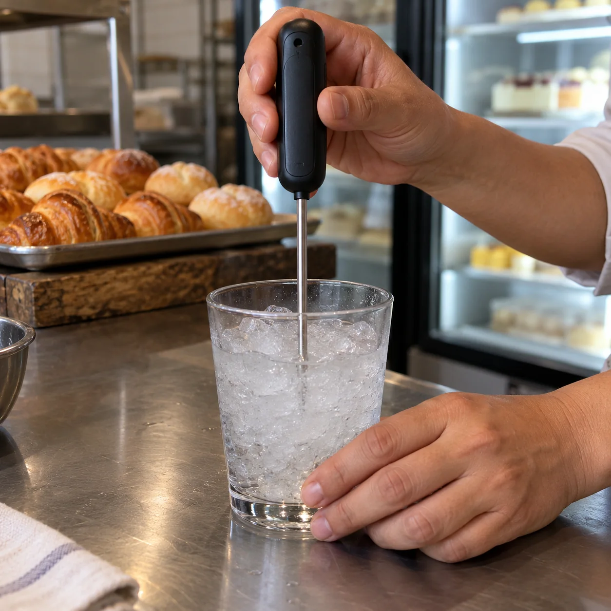 Comprobación de un termómetro mediante una mezcla de hielo y agua.