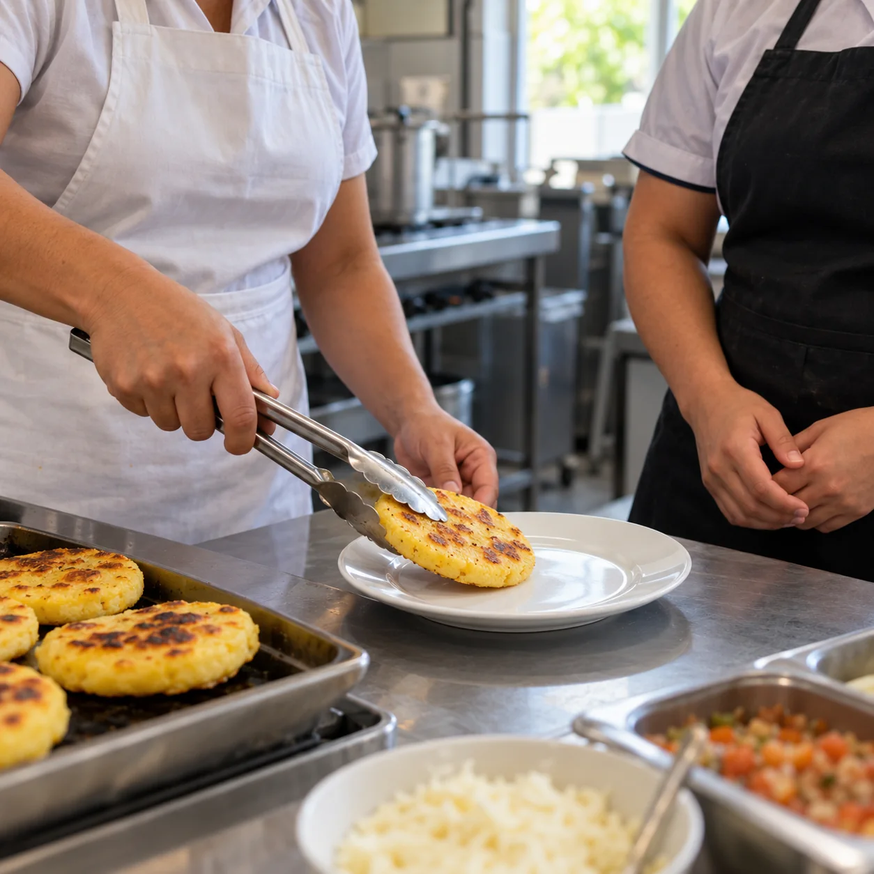 Capacitación práctica para servir alimentos con utensilios.
