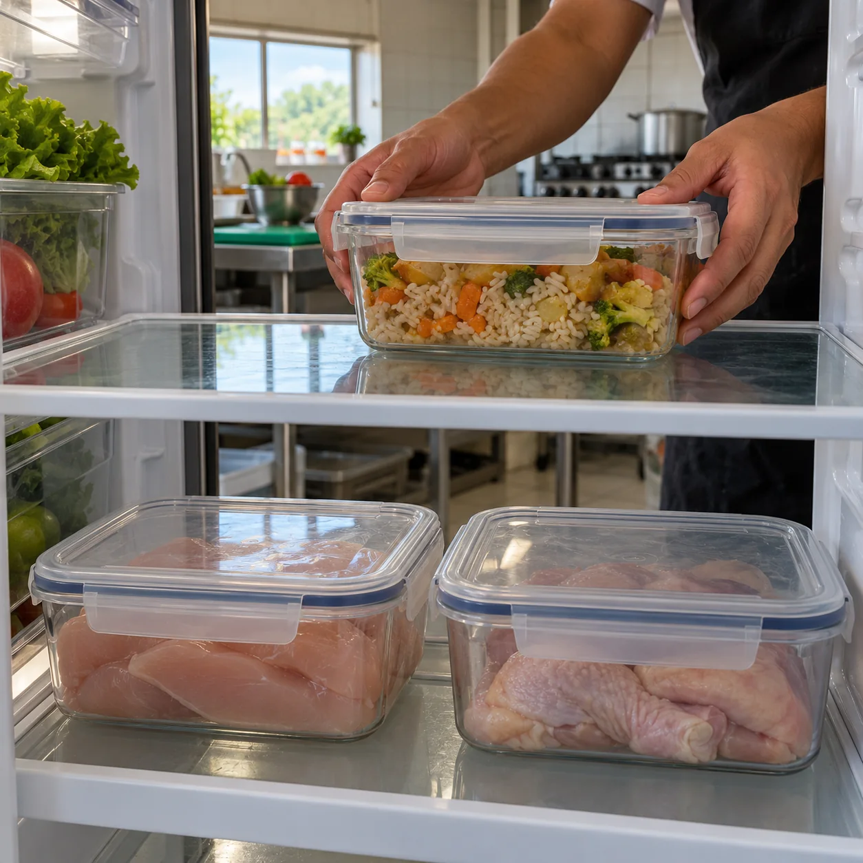 Almacenamiento separado de alimentos crudos y preparados.