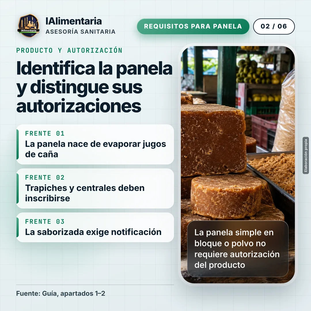 Identifica la panela y distingue sus autorizaciones. La panela simple en bloque o polvo no requiere autorización del producto