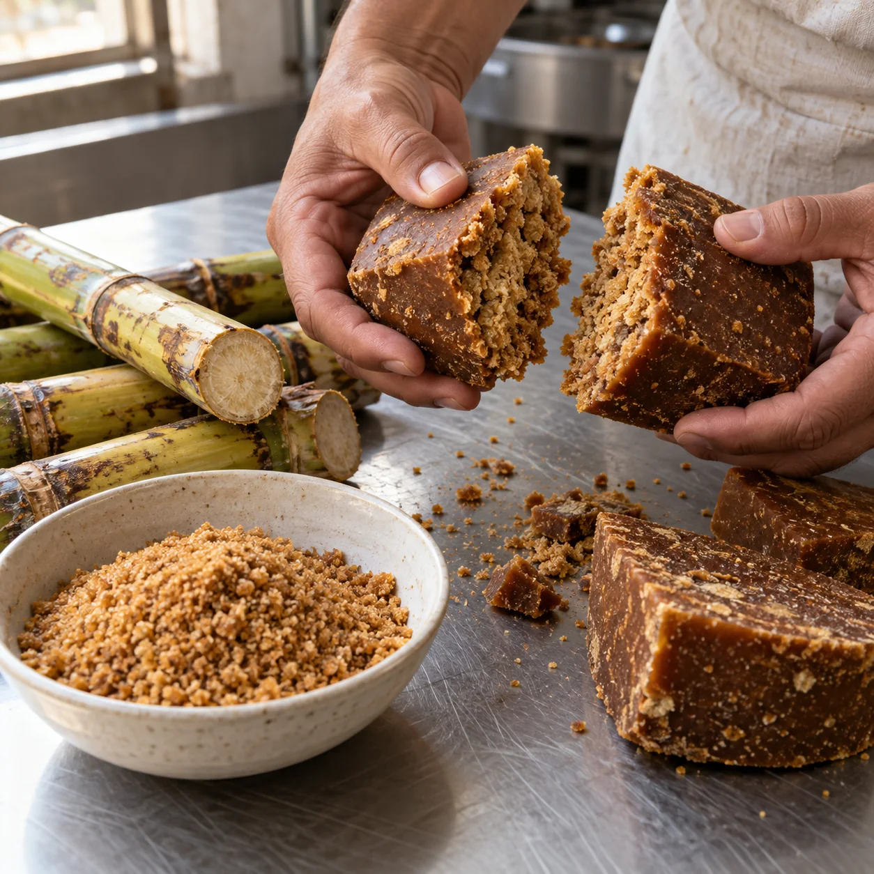 Panela sólida y granulada obtenidas de la caña de azúcar.