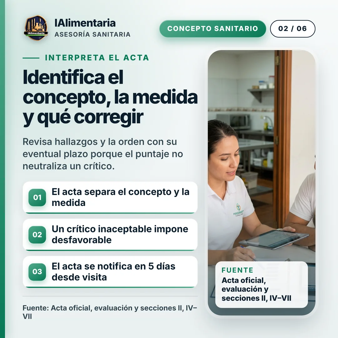 Identifica el concepto, la medida y qué corregir. Revisa hallazgos y la orden con su eventual plazo porque el puntaje no neutraliza un crítico.