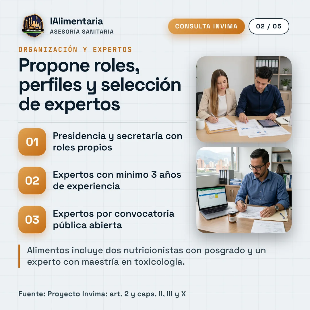 Propone roles, perfiles y selección de expertos. Alimentos incluye dos nutricionistas con posgrado y un experto con maestría en toxicología.