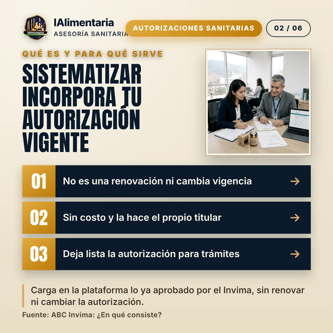 Sistematizar incorpora tu autorización vigente. Carga en la plataforma lo ya aprobado por el Invima, sin renovar ni cambiar la autorización.
