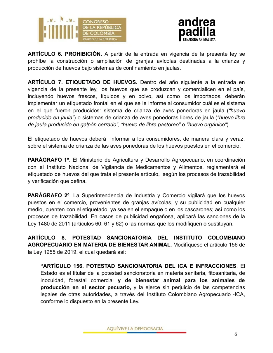 Página 6 del documento oficial publicado por Cámara de Representantes