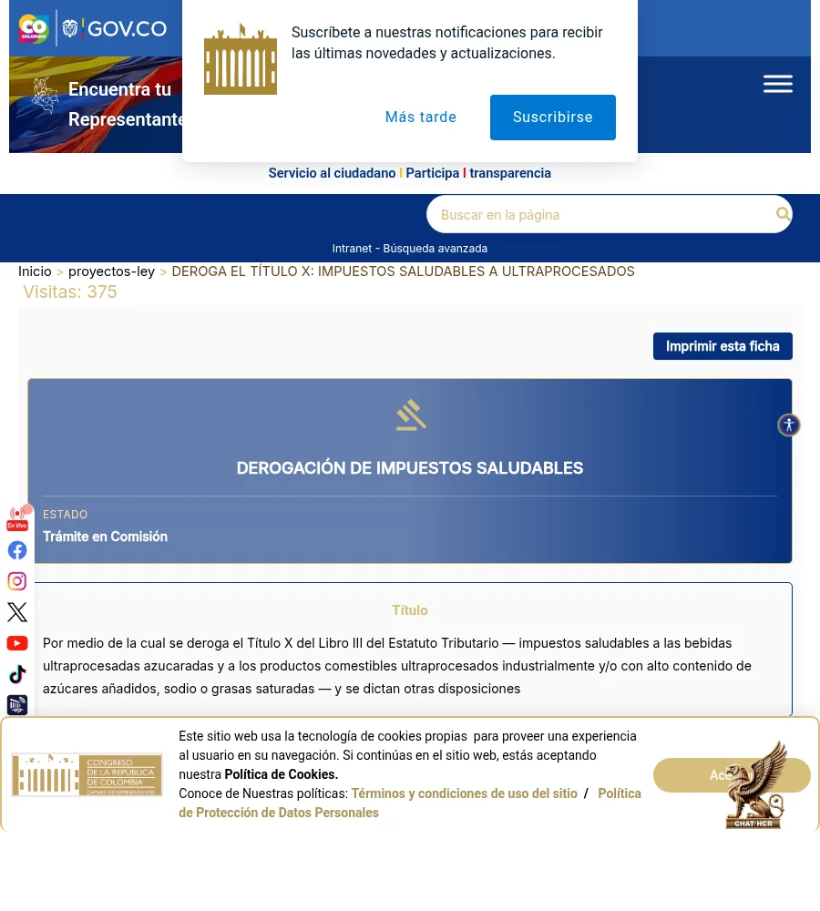 Captura de la página oficial de Cámara de Representantes sobre este tema