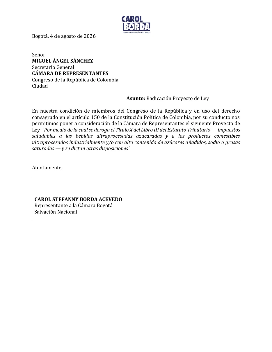 Página 1 del documento oficial publicado por Cámara de Representantes