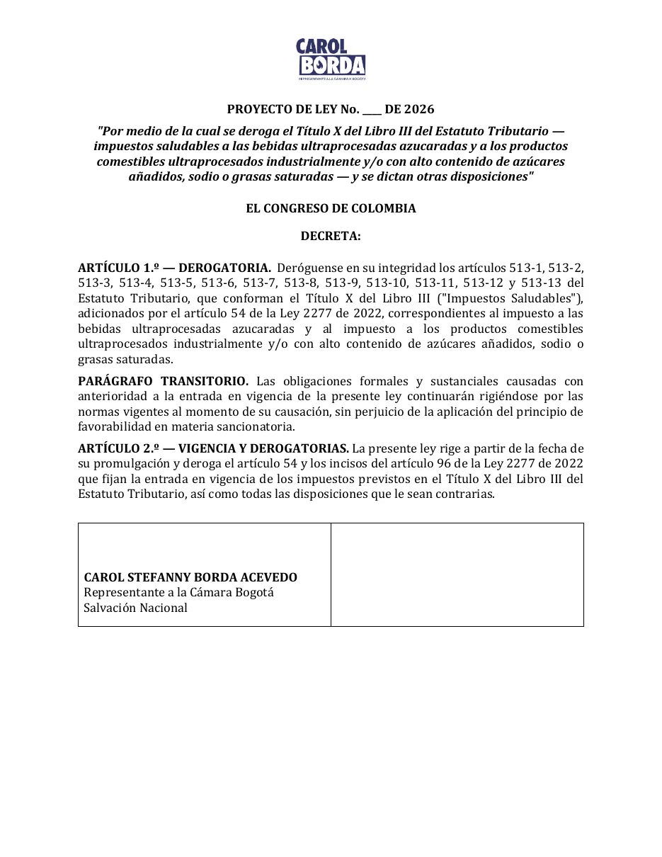 Página 2 del documento oficial publicado por Cámara de Representantes