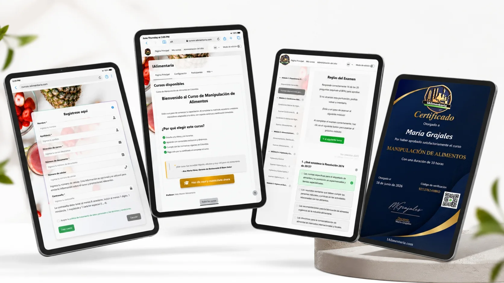 Flujo del curso de manipulación de alimentos: registro, plataforma, evaluación y constancia digital